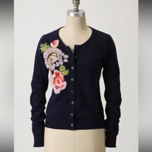 Anthropologie Anemone Bloom Karen Nicol navy cardigan with floral embroidery